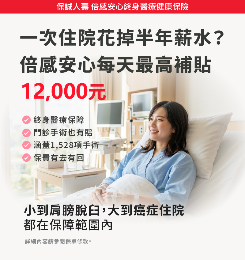 倍感安心每天最高補助12000元，小到肩膀脫臼，大到癌症住院，都在保障範圍內，門診手術也有賠。