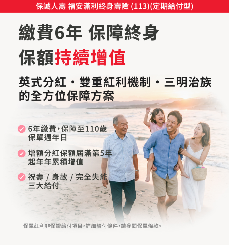 福安滿利終身壽險｜繳費6年享終身保障，保額持續增值，結合英式分紅與雙重紅利機制，提供身故與完全失能保障。