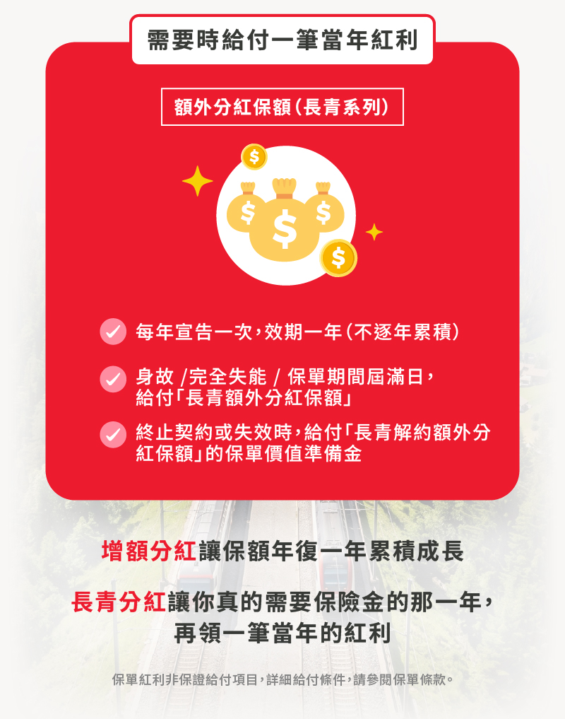 福安滿利雙紅利機制｜增額分紅與額外分紅設計，兼具保額成長與資金運用彈性，提升終身壽險效益。