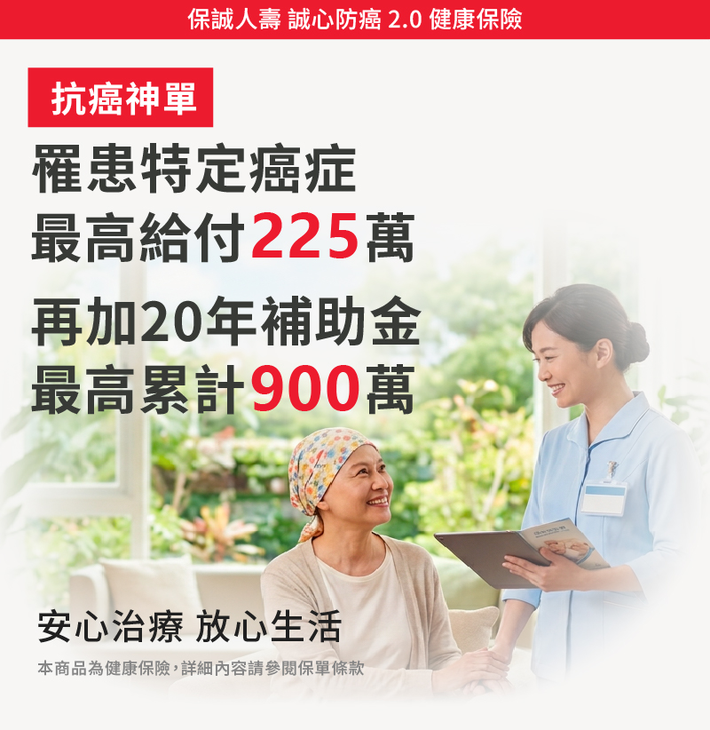 保誠人壽誠心防癌2.0：你的抗癌神單，抗癌保障最高225萬，搭配20年補助金最高累計900萬，提供長期治療財務支持。