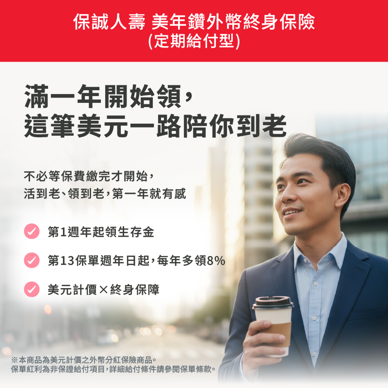 美年鑽外幣終身保險（定期給付型）｜滿1年開始領生存保險金，第13保單週年日起每年給付比例提高，提供長期美元現金流規劃｜保誠人壽
