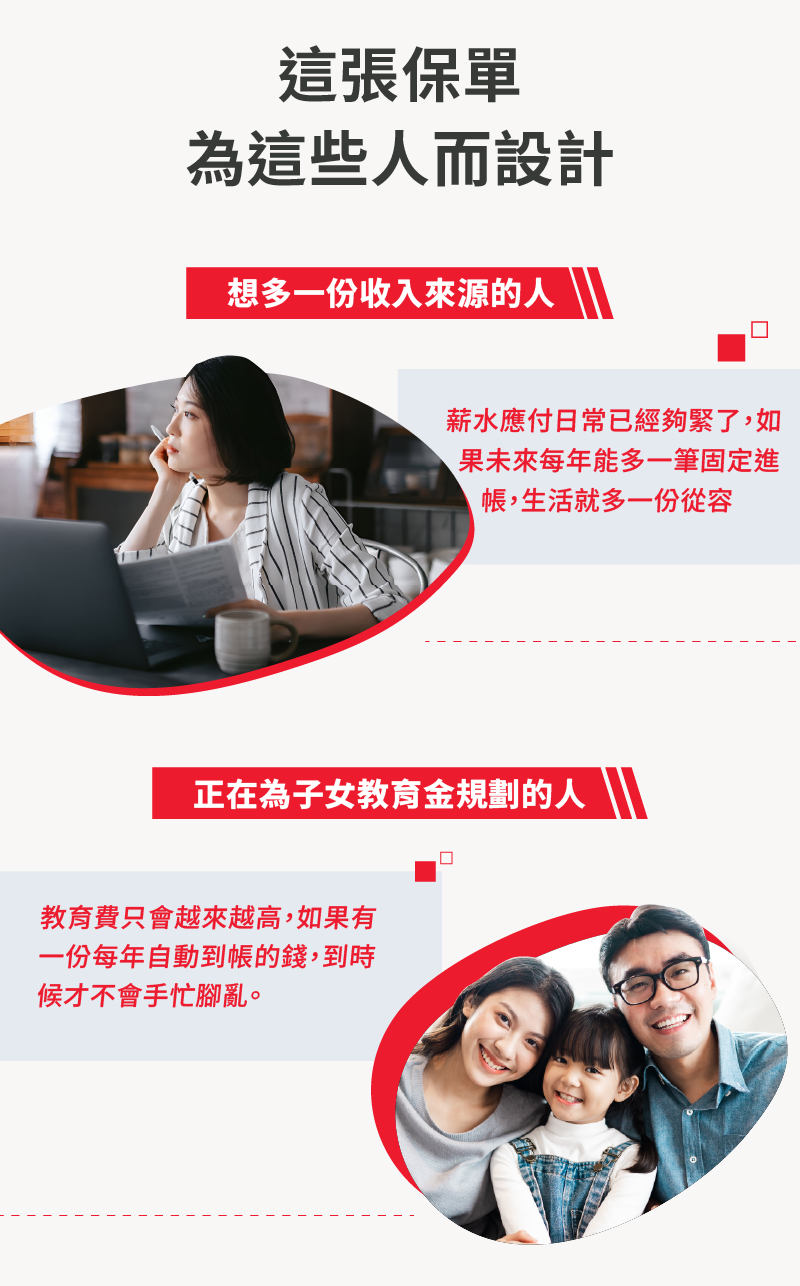 富享年年適用族群：想多一份收入來源的上班族、為子女教育金規劃的家庭、提早為退休建立現金流的中年世代三種情境