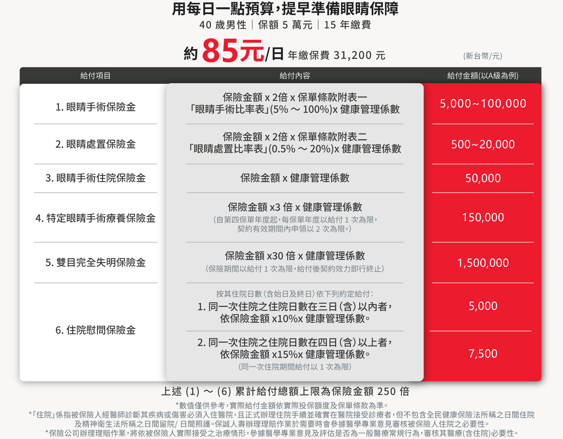 保誠人壽睛彩守護健康保險六大保障涵蓋眼睛手術、眼睛處置、手術住院、特定眼睛手術療養、雙目完全失明及住院慰問保障